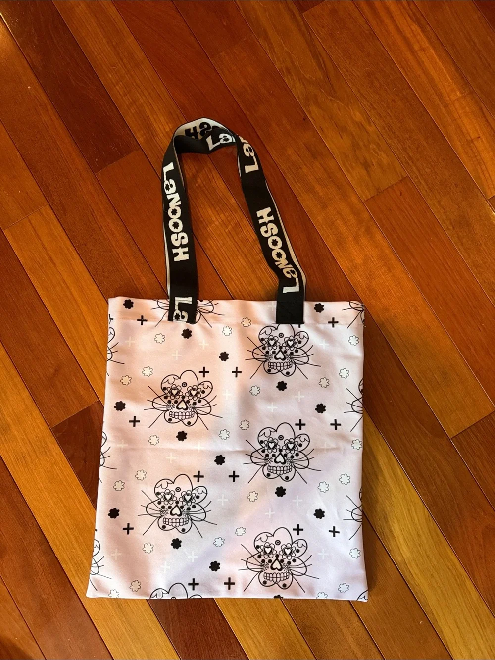 Pink with Black & White Floral Skull Tote Bag with Logo Strap
